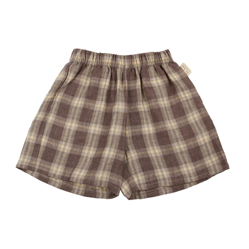 LELE JOVE BROWN CHECK LINEN T SHIRT AND SHORTS