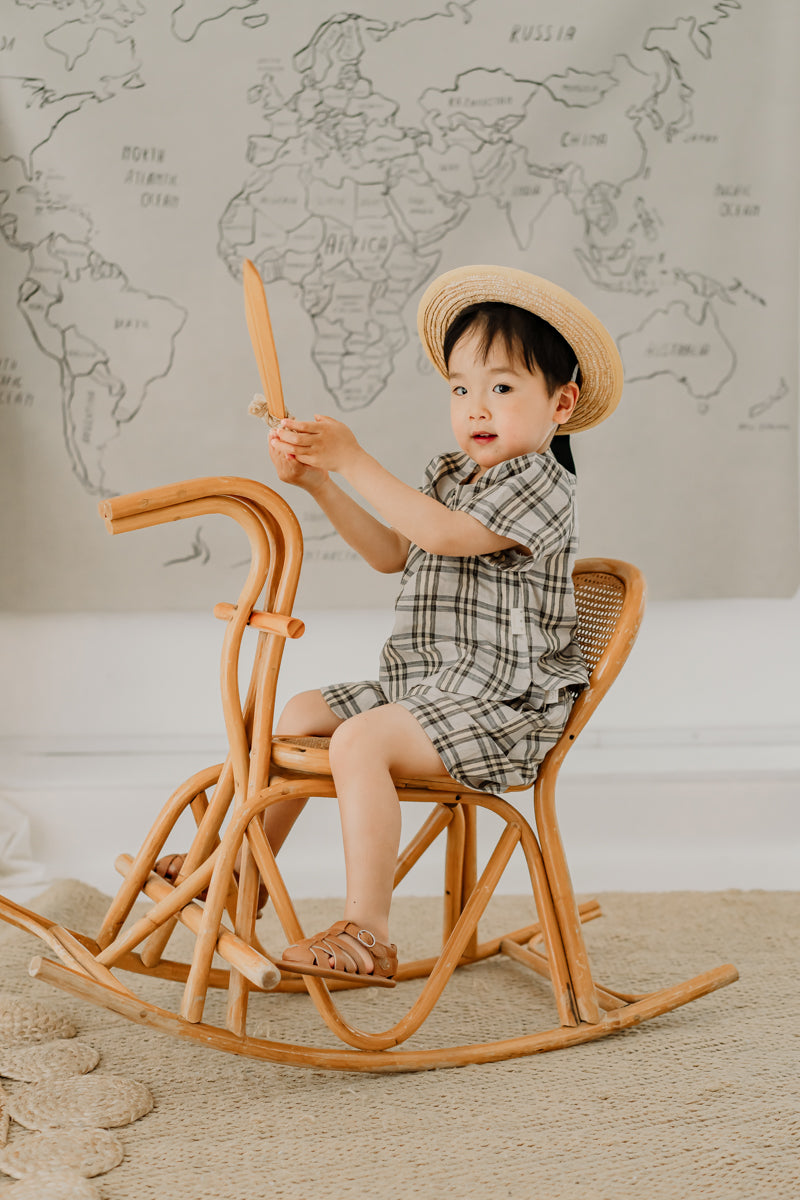 LELE JOVE KHAKI CHECK LINEN T SHIRT AND SHORTS