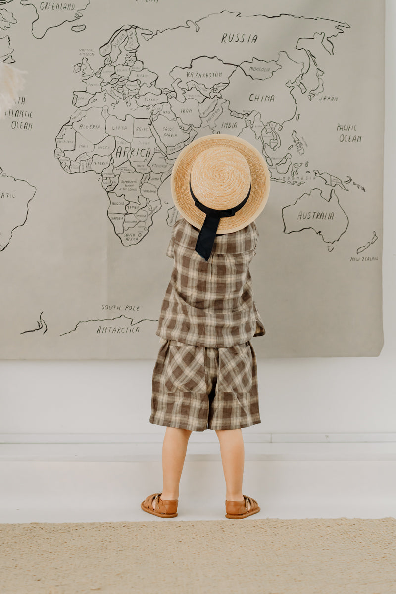 LELE JOVE BROWN CHECK LINEN T SHIRT AND SHORTS