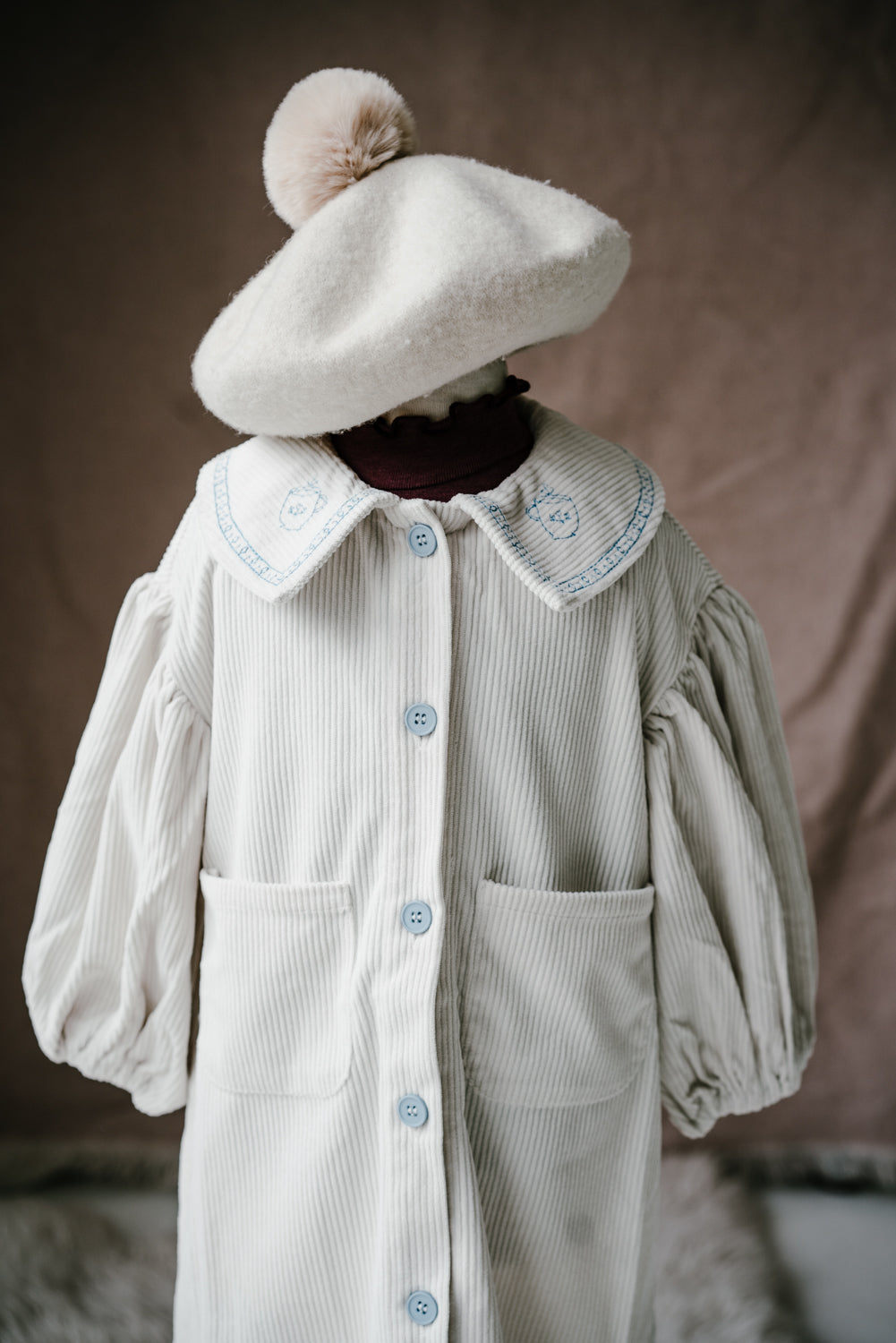 Embroidered Cotton Corduroy Girl's Long Jacket