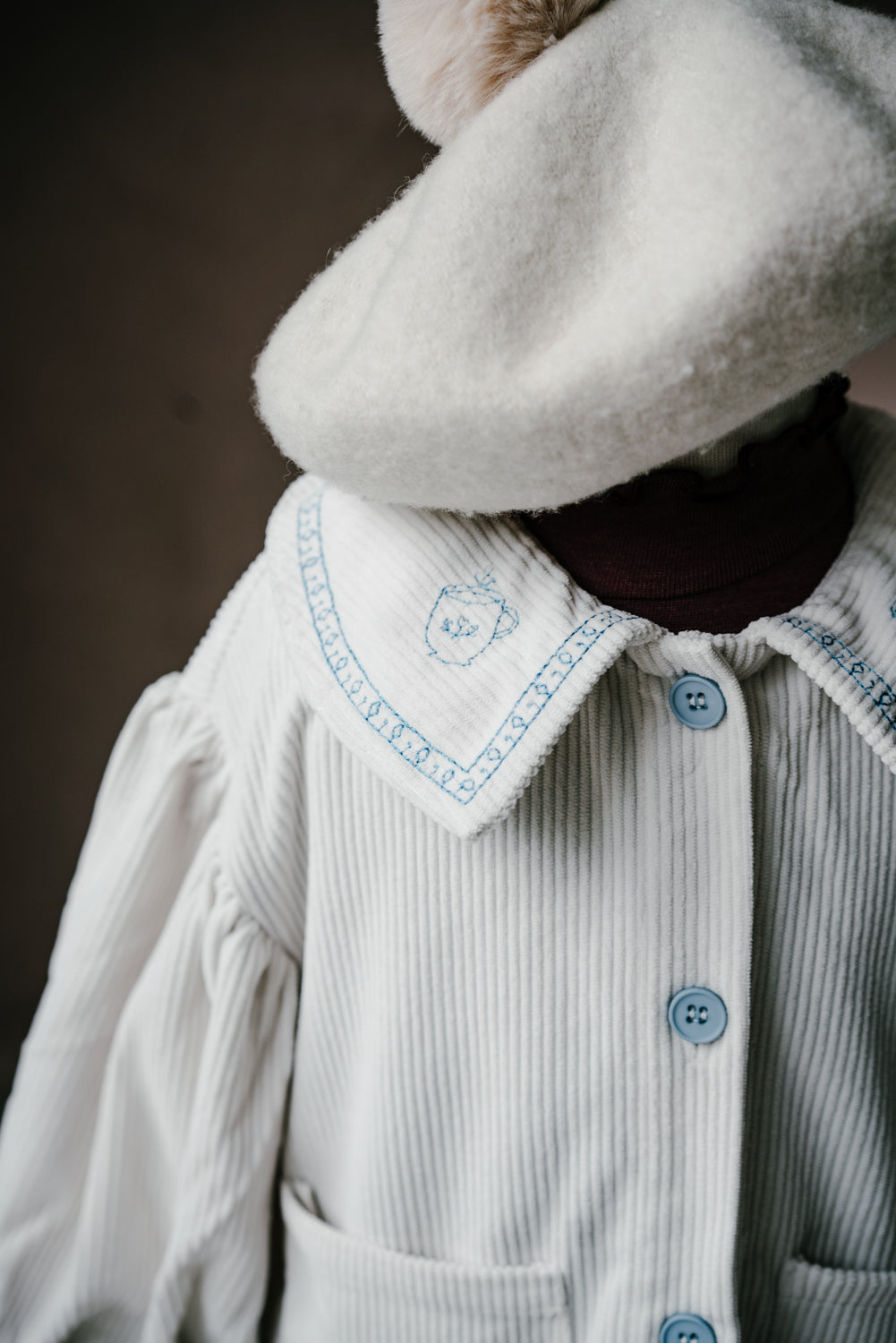 Embroidered Cotton Corduroy Girl's Long Jacket