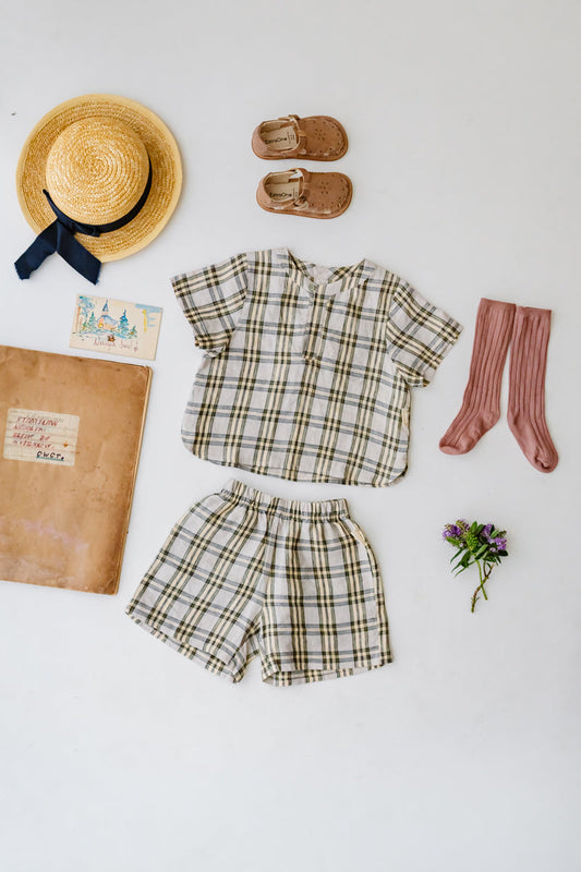 LELE JOVE KHAKI CHECK LINEN T SHIRT AND SHORTS