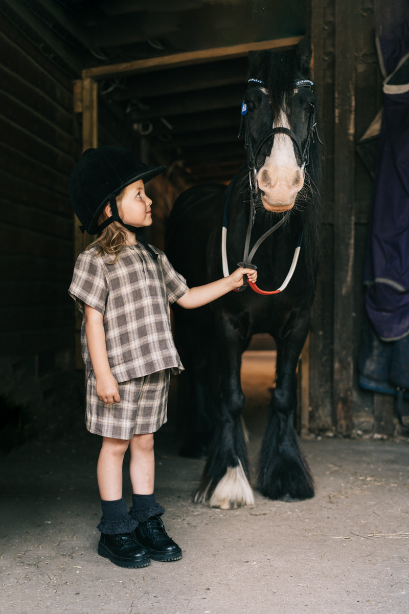 LELE JOVE BROWN CHECK LINEN T SHIRT AND SHORTS