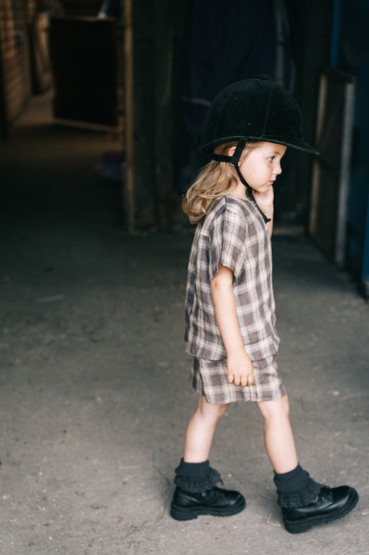 LELE JOVE BROWN CHECK LINEN T SHIRT AND SHORTS