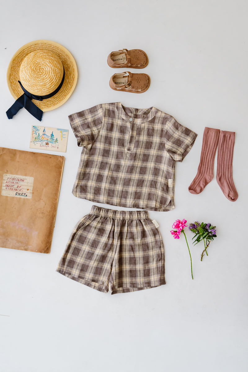 LELE JOVE BROWN CHECK LINEN T SHIRT AND SHORTS
