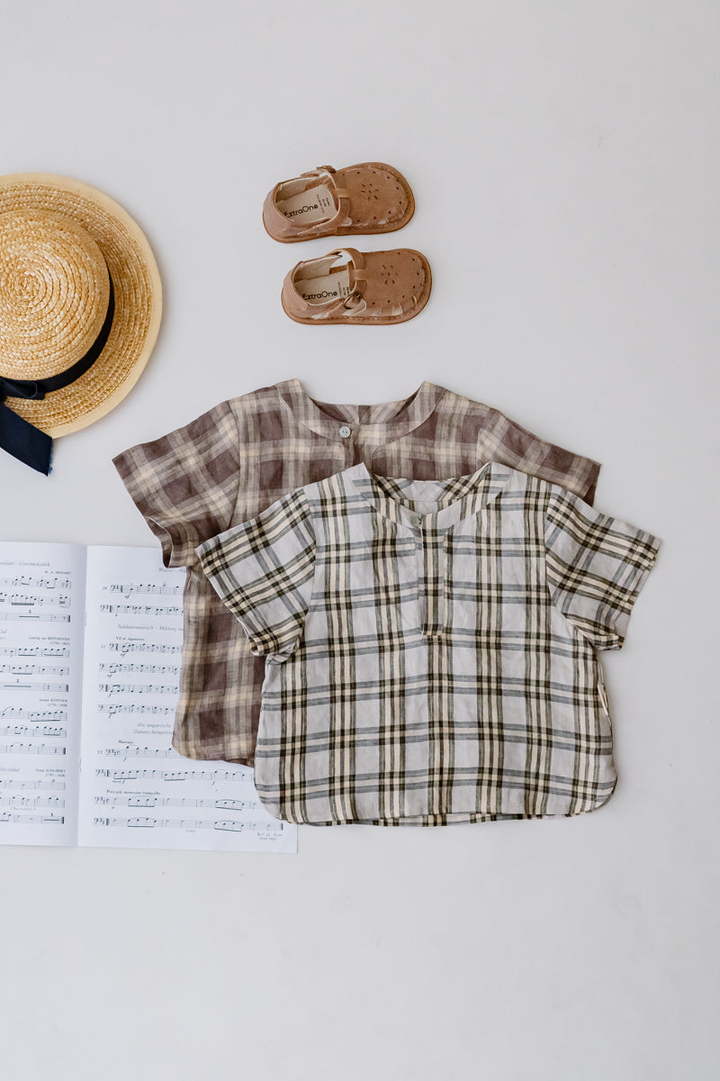 LELE JOVE KHAKI CHECK LINEN T SHIRT AND SHORTS
